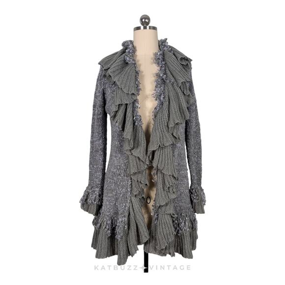 Sioni Duster Cardigan Sweater M Gray Ruffle Whimsigoth Boho Shaggy Eclectic Art - Picture 1 of 11